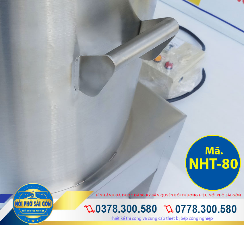 Chi tiết thân và tay cầm của nồi nấu hủ tiếu bằng điện công nghiệp, nồi điện inox nấu hủ tiếu thanh nhiệt.