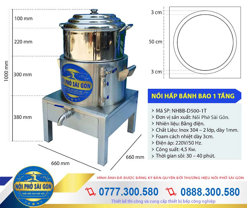 Kích thước Nồi Hấp Bánh Bao Bằng Điện 1 Tầng NHBB-D500-1T